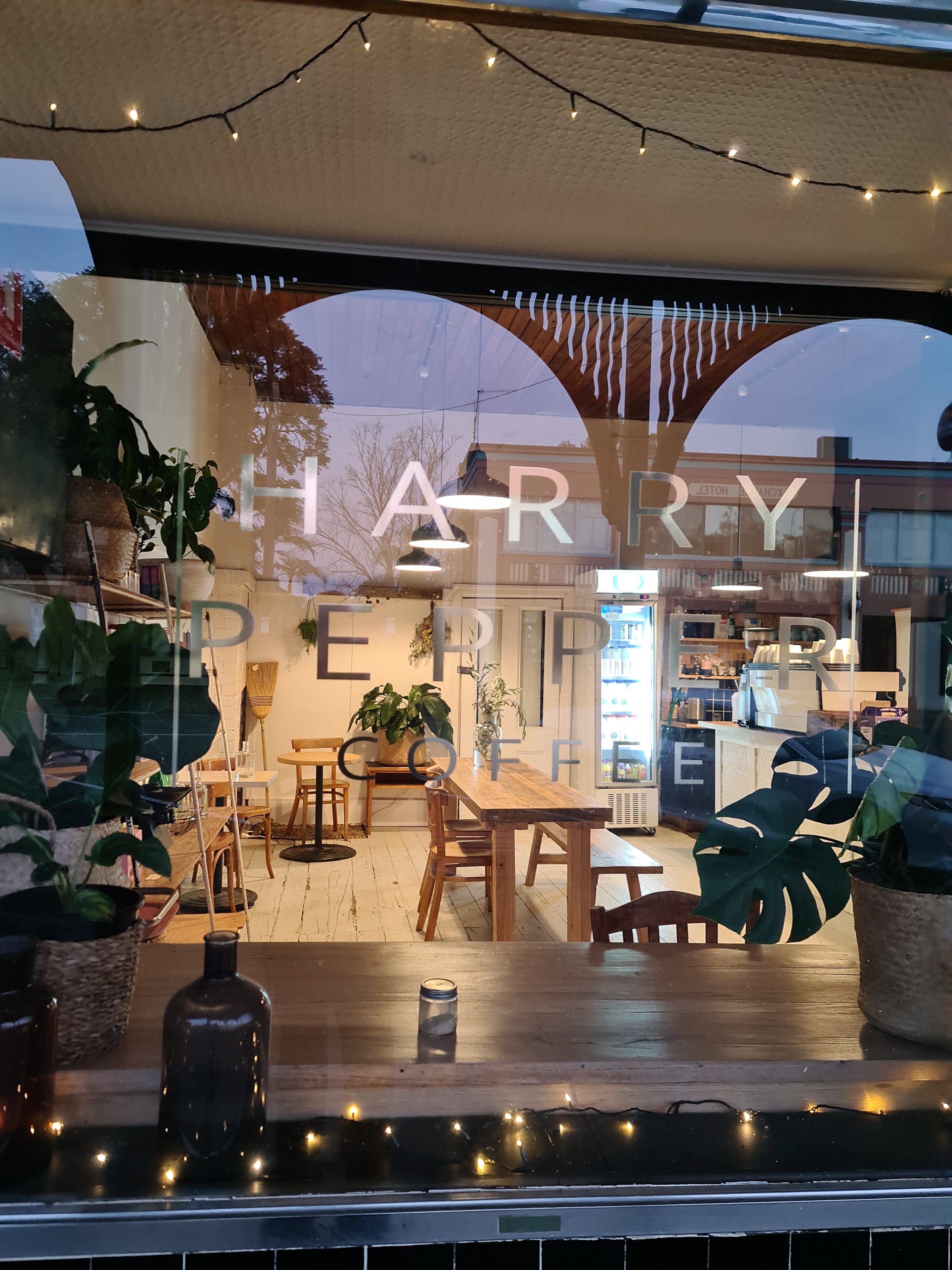 The Harry Pepper Coffee window lettering at dusk, with the warm timber interior visible behind the glass